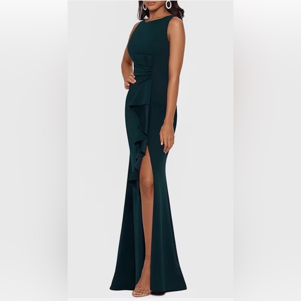 BETSY ADAM Pine Stretch Scuba Crepe Boat Neck Cascading Ruffle Maxi Gown Dress 6